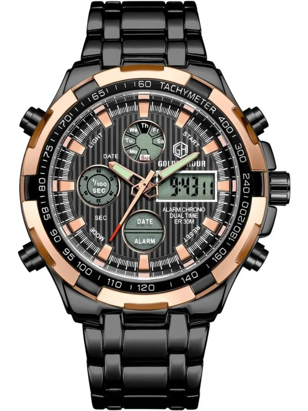 Men's Rose Gold Black Stainless Analog Digital Outdoor Waterproof Luxury Watch